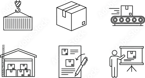 Six logistics vector icons including shipping container box warehouse and delivery isolated on white background