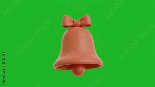 Red festive bell with bow on top centered on solid green background.