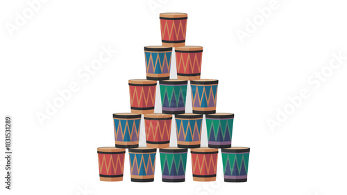 Stacked Drums Display: A striking assortment of intricately designed drums is carefully stacked, forming an eye-catching pyramid, showcasing musical instruments.