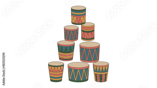 Rhythmic Stack: A colorful collection of traditional drums artistically arranged, embodying the vibrant essence of music and cultural heritage.