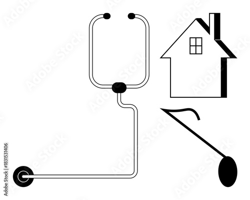 Stethoscope connected to a house, symbolizing home-based medical care. Ideal for health, wellness, telemedicine, remote care, diagnosis, family healthcare access. Simple flat metaphor