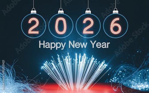 2026 Happy New Year with red and blue glowing fiber optics and ornaments celebration greeting