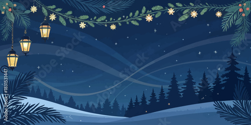 Vector christmas a serene winter night scene with illuminated lanterns and snow covered trees under a starry sky view