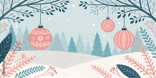 Vector christmas a winter scene with christmas ornaments hanging from branches and snow covered trees in the background