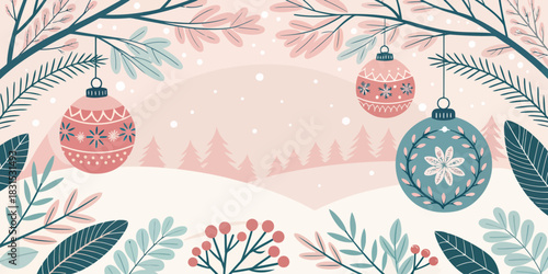 Vector christmas winter scene with hanging christmas ornaments and snow covered trees in a pastel color palette design