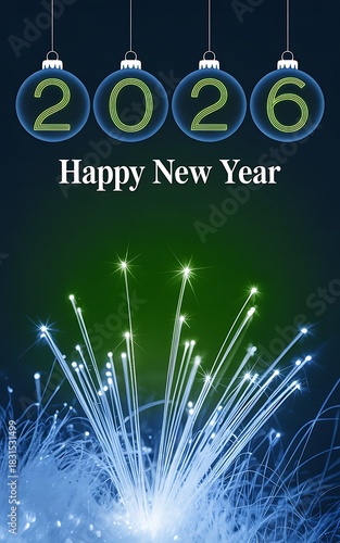 2026 Happy New Year with blue fiber optics and Christmas ornaments celebration greeting