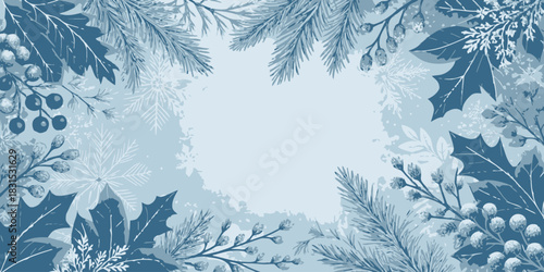 Vector christmas aesthetic winter background with snowflakes, holly leaves, berries, and pine branches arranged in a frame
