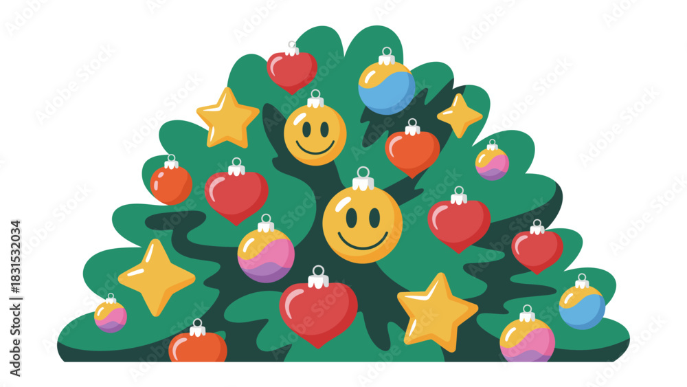 Fototapeta premium Festive Adornments: A charming illustration depicts a Christmas tree adorned with cheerful decorations, including smiling face ornaments. The illustration showcases a festive ambiance of the season.