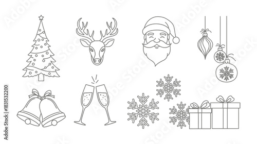 Festive Icons in Line Art: An array of classic Christmas elements, from a decorated tree to jolly Santa, rendered in elegant line art, perfect for holiday-themed design.
