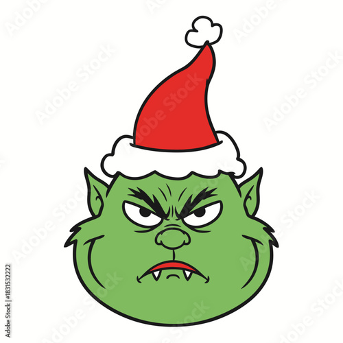 Whimsical festive character in a Santa hat with a grumpy expression for holiday cheer
