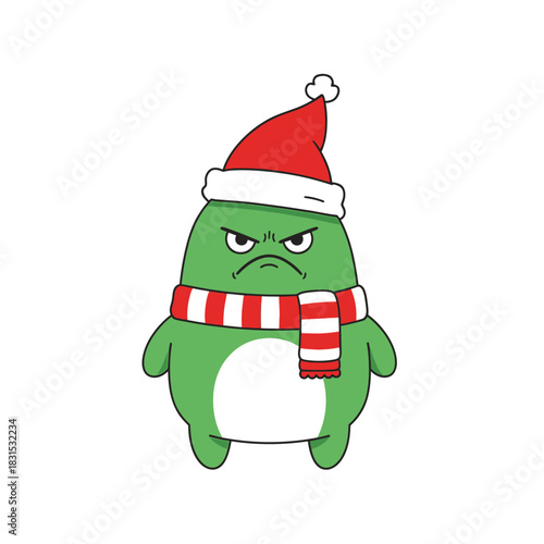 Grumpy Green Creature Ready for Christmas with Scarf and Santa Hat in White Background
