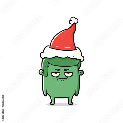 Grumpy christmas cartoon character with red hat showing a bad mood holiday illustration