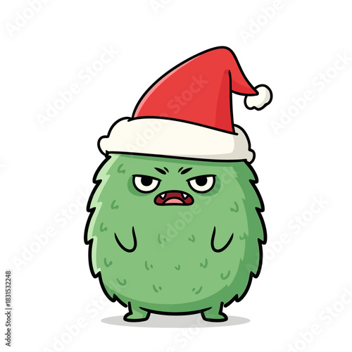 Cartoon creature showcasing holiday grumpiness with red santa hat and green furry body