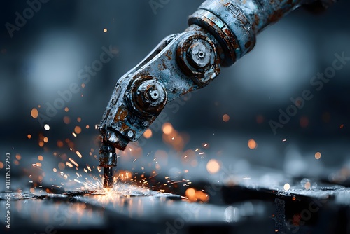 A robotic arm welds metal on an industrial production line.