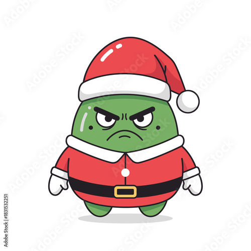 Irritated green cartoon character in a santa claus costume with a grumpy expression holiday vibes