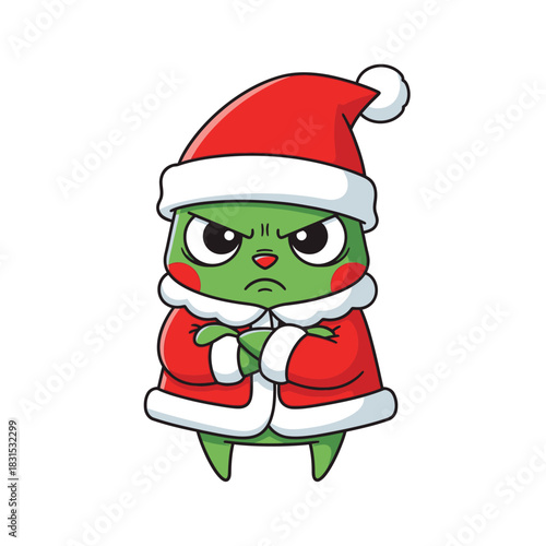 Cartoon christmas character expressing grumpy mood in red santa costume on white background
