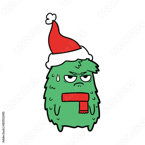 Festive furry green monster with grumpy expression and a christmas hat illustration