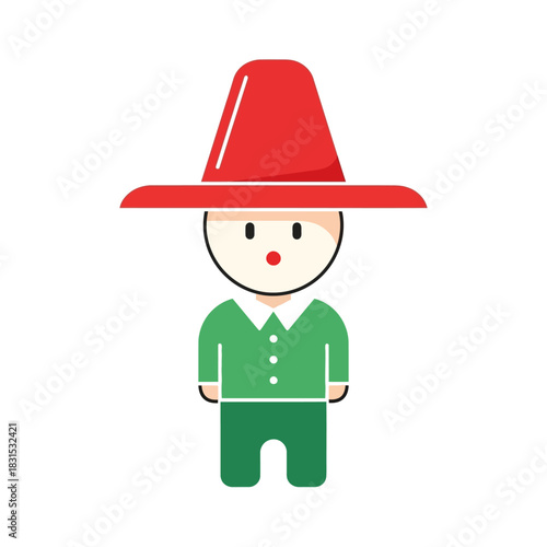 Stylized character with red hat and green outfit radiating playful innocence and charm