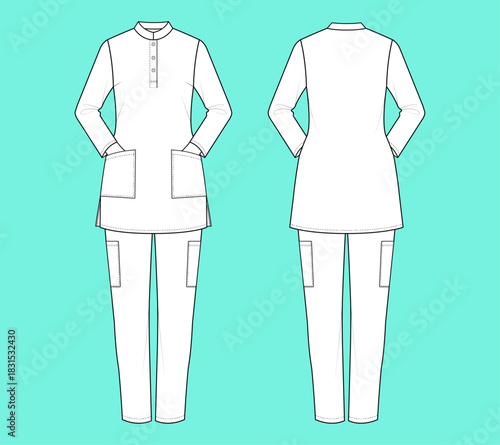 Women's Classic Healthcare Tunic and Cargo Scrub Set Technical Drawing Flat Sketch