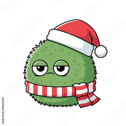 Grumpy green christmas character with a red hat and scarf illustration
