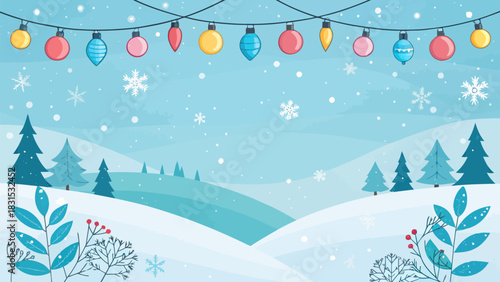 Vector christmas a winter scene with snow covered hills christmas trees snowflakes and colorful string of christmas lights