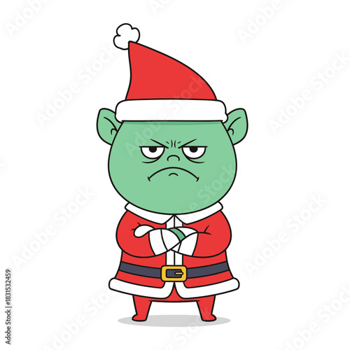 Grumpy green christmas character glaring with folded arms displaying holiday discord