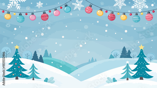 Vector christmas winter landscape with christmas trees and ornaments hanging on a string with snowflakes falling down