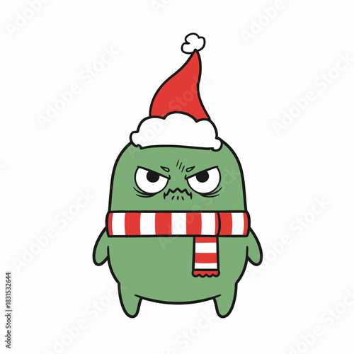 Grumpy Christmas creature sporting santa hat and scarf for the festive holidays celebration