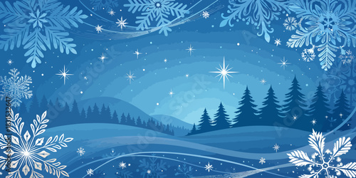 Vector christmas a winter landscape with snowflakes, stars, and pine trees in shades of blue creating a festive scene