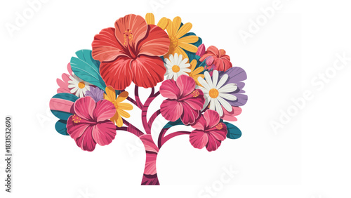 Blooming Harmony: A vibrant, artful illustration of a flowering tree, its branches bursting with a kaleidoscope of colorful blooms, symbolizing growth, beauty, and the interconnectedness of nature.