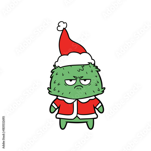 Grumpy green creature in a Santa suit embodies holiday spirit with displeasure