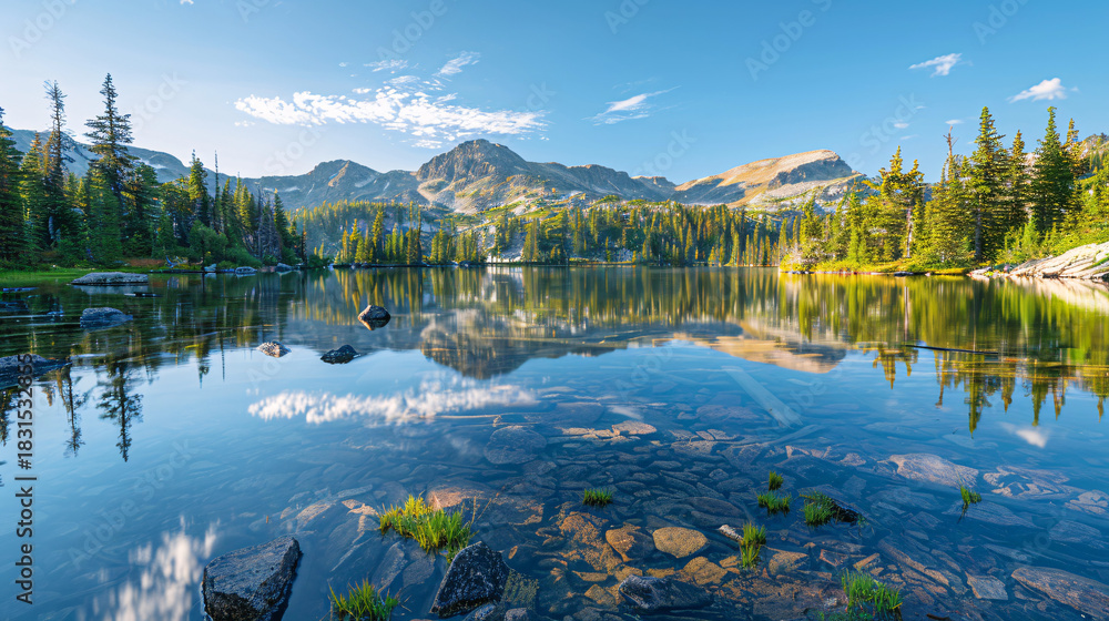 Naklejka premium Beautiful mountain lake landscape with reflection and pine forest in sunny summer day.