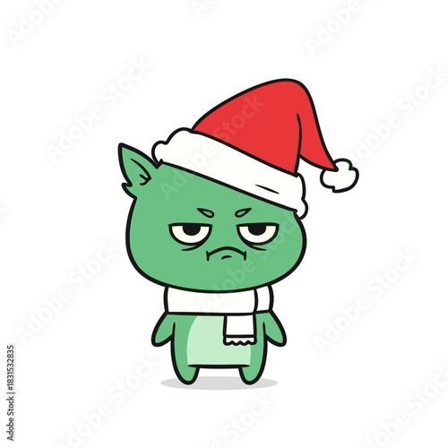 Grumpy green cartoon alien figure in a Christmas hat expresses holiday disdainful mood