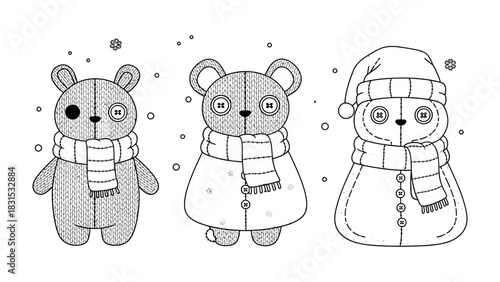 Cute Bear Dolls: Three whimsical bear dolls, each adorned with unique winter apparel, stand playfully, their stitched details and endearing expressions promising cozy comfort.
