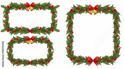 Festive Holiday Frame Designs Holly, Bells, and Bows for Christmas or Seasonal Greetings