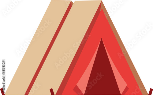A simple graphic illustration of an A-frame camping tent with beige exterior and red interior.