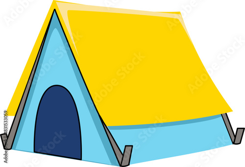 A cartoon illustration of a blue tent with a yellow roof and a dark blue entrance.