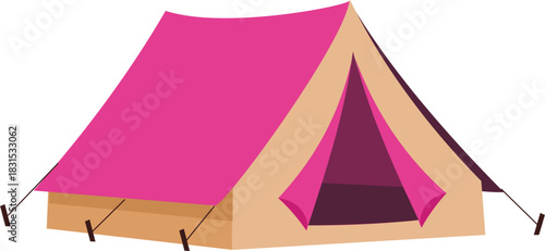 A colorful pink and beige A-frame camping tent illustration on a white background.