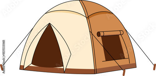 A detailed illustration of a brown and beige camping tent, ready for outdoor adventures.