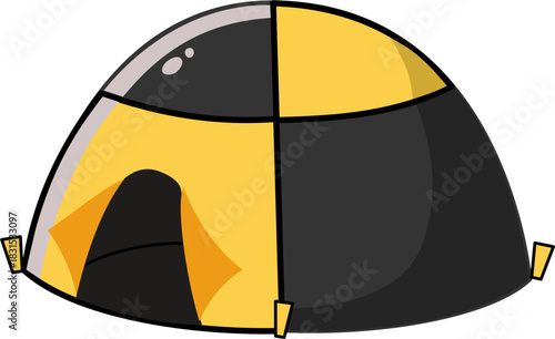 A cartoon illustration of a dome tent with yellow and black panels, featuring an open entrance.