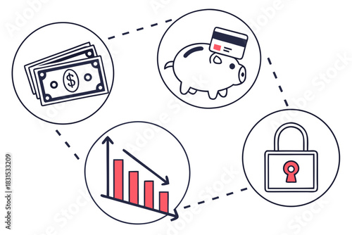 Financial Icons Piggy Bank Credit Card Falling Graph and Lock finance savings