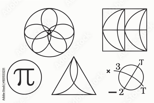 Black and white illustration of geometric shapes and mathematical symbols geometry