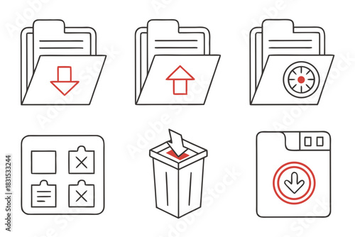 File Management Icons with Download Upload Trash and Data Deletion Symbols folder