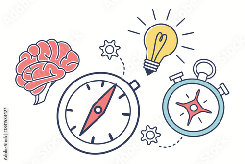 Navigation and Idea Generation Concept with Brain Compass and Lightbulb vector illustration