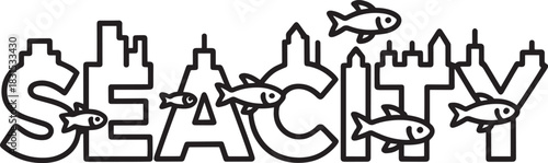 Seacity Cityscape Outline with Fish and Skyline Vector Design Creative Illustration