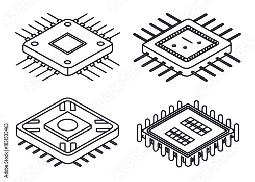 Four isometric electronic microchip processors with different designs on white computer chip