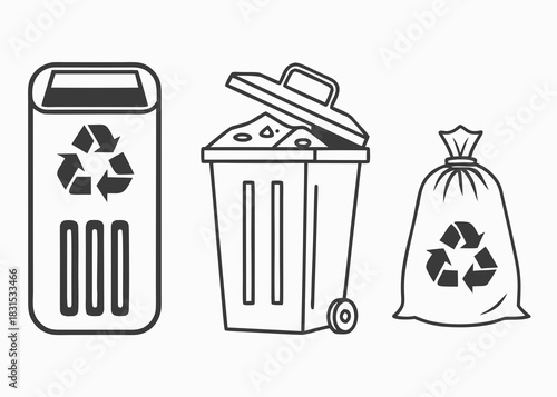 Three illustrations of trash receptacles and a garbage bag on white vector illustration