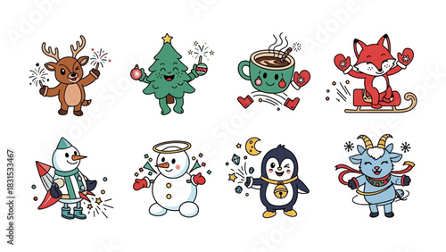 Whimsical Winter Wonders: A collection of cheerful cartoon characters brings festive joy with a deer holding a firework, a christmas tree with festive spirit and a mug with romantic love. 