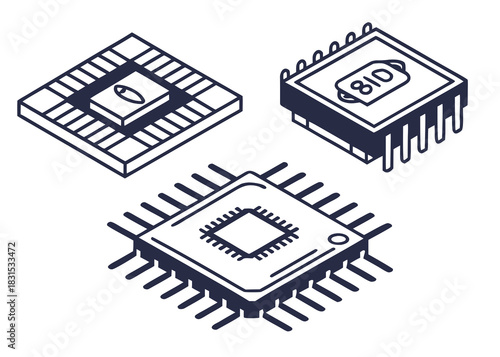 Three isometric electronic microchip processors on white background computer chip