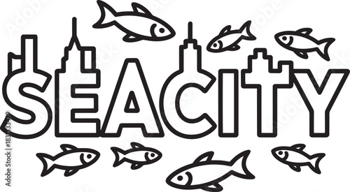 Seacity Lettering with City Skyline and Fish Vector Graphic Contemporary Design